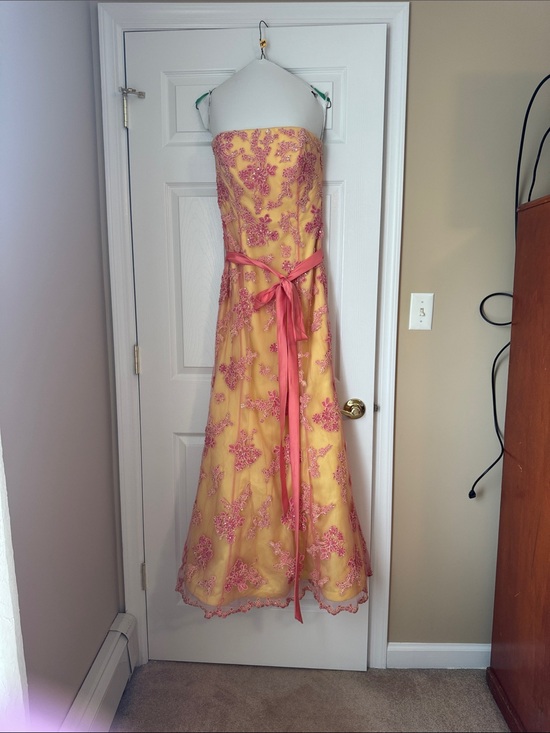 Jovani Dresses & Skirts - Strapless Yellow and Pink Lace Appliqué  Dress with Sash